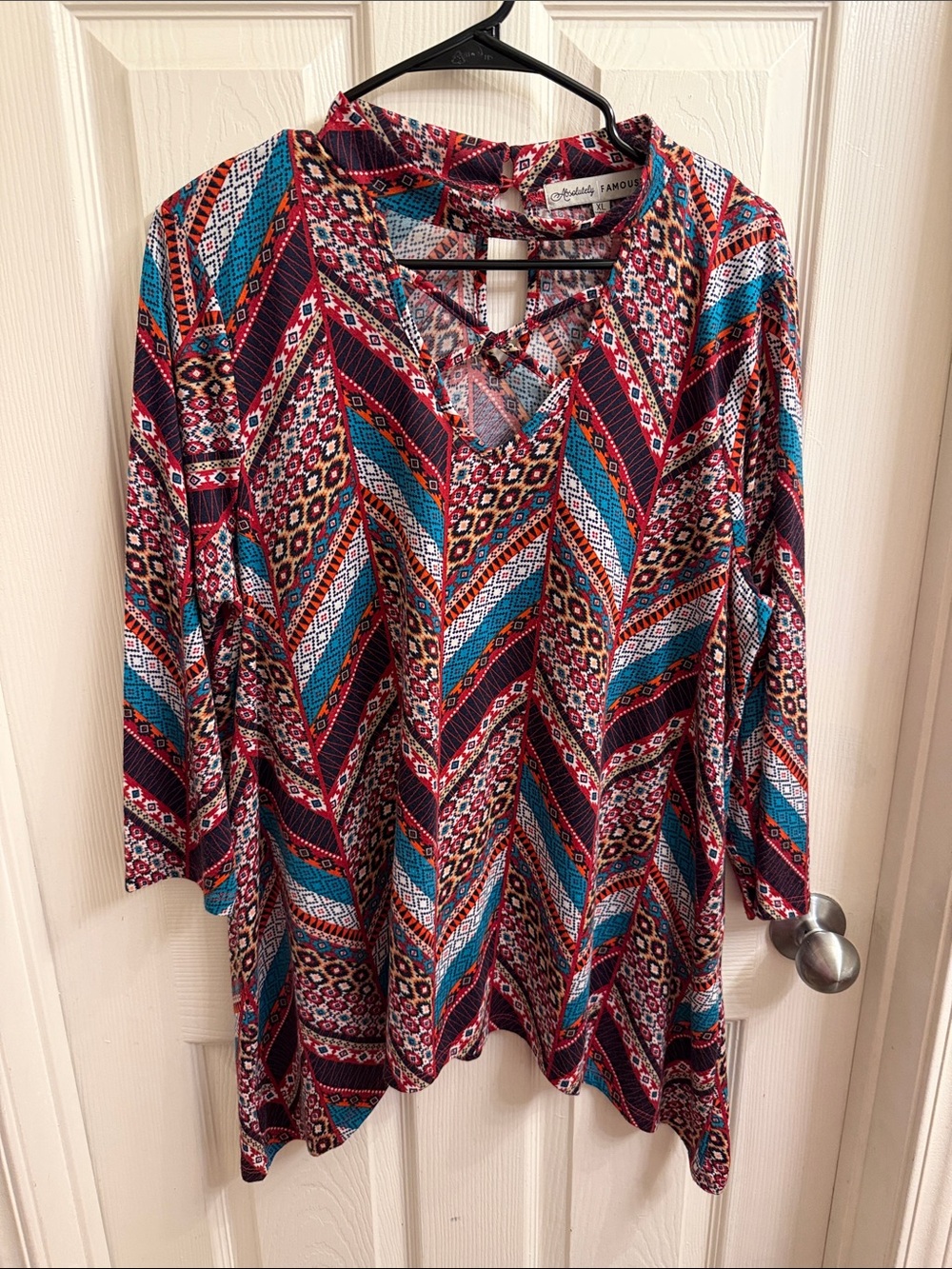 Absolutely Famous Multicolor Chevron & Aztec Lace-Up V-Neck Blouse
